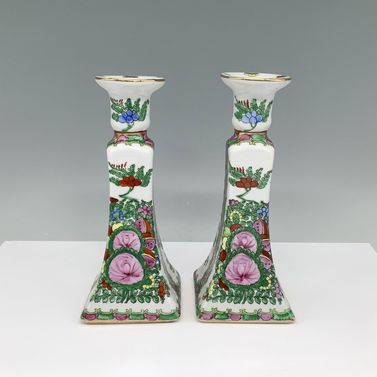 Pair of Chinese Rose Medallion Porcelain Candlesticks (1 of 3)