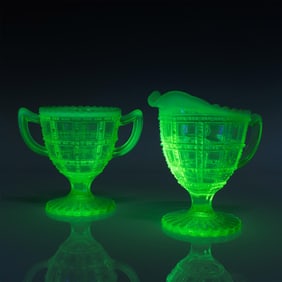 Opalescent Green Footed Creamer and Sugar Uranium Glasses