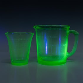 2pc Vintage Uranium Green Glass Measuring Pitcher and Cup