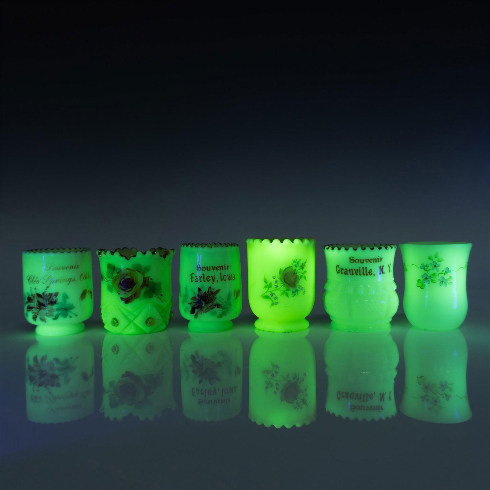 6pc Uranium Glass Floral Themed Toothpick Holders, Signed (1 of 18)