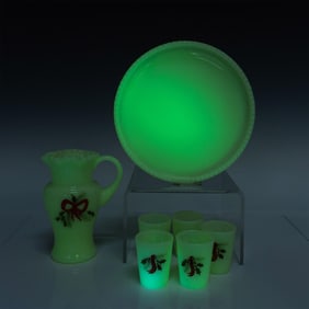 7pc Fenton Uranium Glass Children's Lemonade Set, Signed