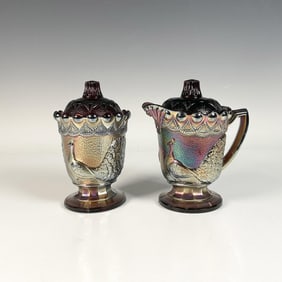 2pc Carnival Glass Lidded Sugar Bowl and Creamer