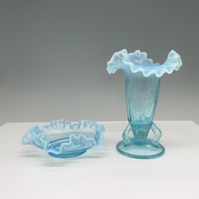2pc Fenton Blue Opalescent Glass Vase and Plate