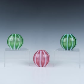 3pc Fenton Green & Pink Glass Globes with Opalescent Stripe