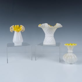 3pc Fenton Yellow Beaded & Crosshatch Vases