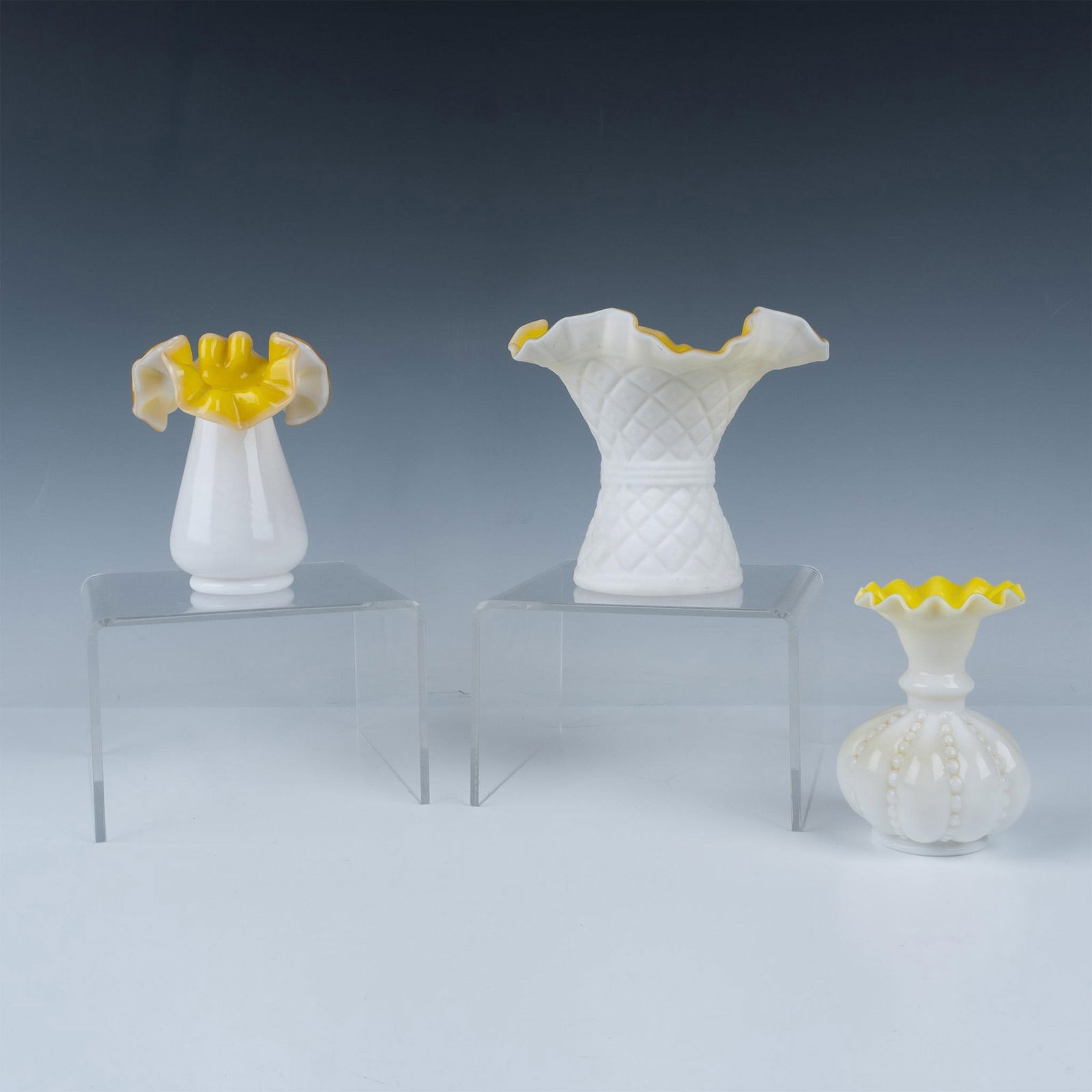 3pc Fenton Yellow Beaded & Crosshatch Vases (1 of 5)