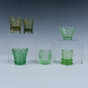 6pc Fenton and Green Pattern Glass Toothpick Holders