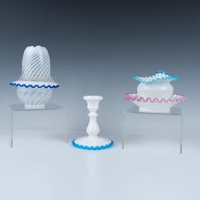 4pc Fenton Milk Glass with Crest Ruffle Edges