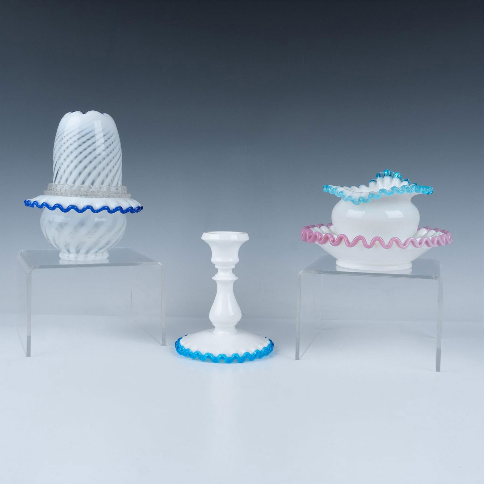 4pc Fenton Milk Glass with Crest Ruffle Edges (1 of 9)