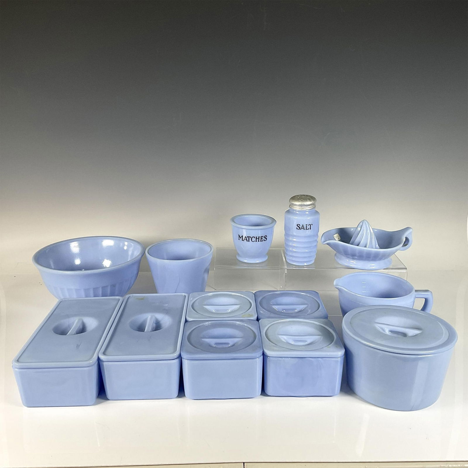 13pc Vintage Delphite Blue Milk Glass Colored Kitchenware: Delphite blue milk glass kitchenware set, featuring Jennette Depression era glass style, featuring practical and colorful. The set includes lidded refrigerator bowls, two rectangular bowls, four squar