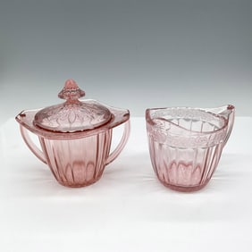 2pc Jeannette Glassware Adam Pink Sugar Bowl & Creamer