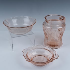 3pc Pink Depression Glass Serve Ware, Pitcher & Bowls