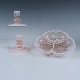 3pc Duncan Miller Canterbury Glass Dish & Candle Holders