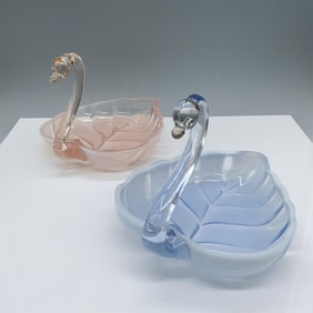 Pair of Art Glass Opalescent Swan Bowls