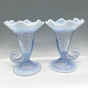Pair of Duncan & Miller Three Feather Blue Cornucopia Vases