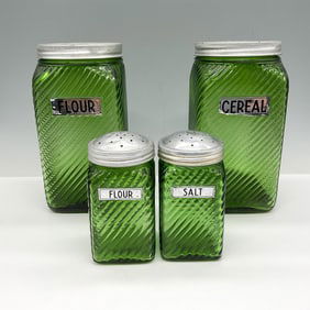 4pc Owens Illinois Green Ribbed Depression Glass Canisters