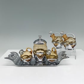 6pc Farber Brothers Amber Glass and Chrome Tableware