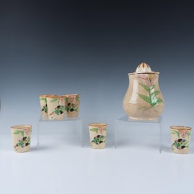 7pc Majolica Bird Motif Juicer Pitcher with Matching Cups