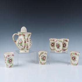 8pc Japanese Majolica Pitcher, Juicer and Cups