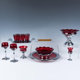 14pc Farber Bros Art Deco Ruby Red Tableware