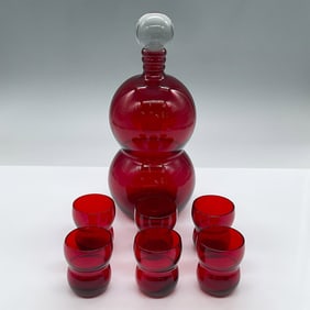 7pc Fostoria Ruby Red Decanter and Shot Glasses