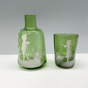 Pair of Mary Gregory Emerald Green Shot Glass and Bottle