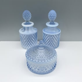 3pc Duncan Blue Opalescent Glass Hobnail Vanity Set