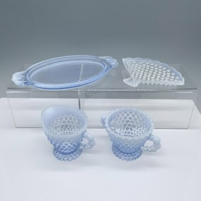 4pc Duncan and Miller Glass Hobnail Serveware