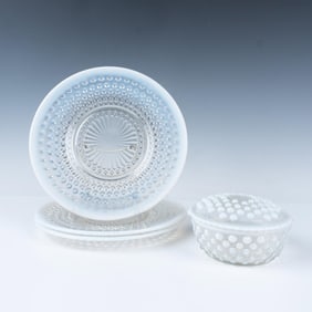 4pc Moonstone Opalescent Hobnail Glass Plates & Lidded Dish