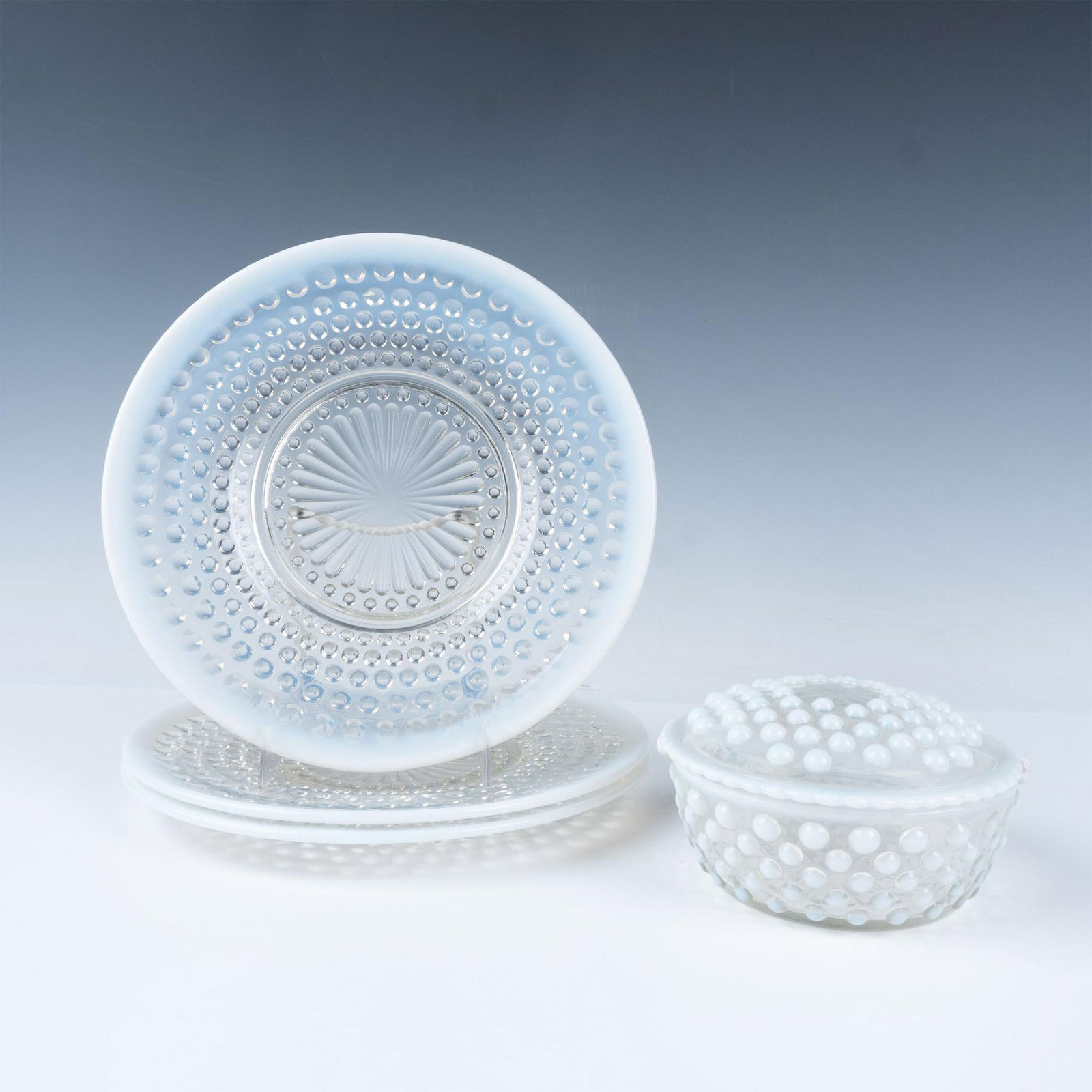 4pc Moonstone Opalescent Hobnail Glass Plates & Lidded Dish (1 of 6)