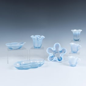 7pc Opalescent Blue Art Glass Tableware