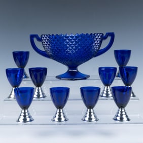 11pc Chase Art Deco Glasses and A Cobalt Blue Glass Dish