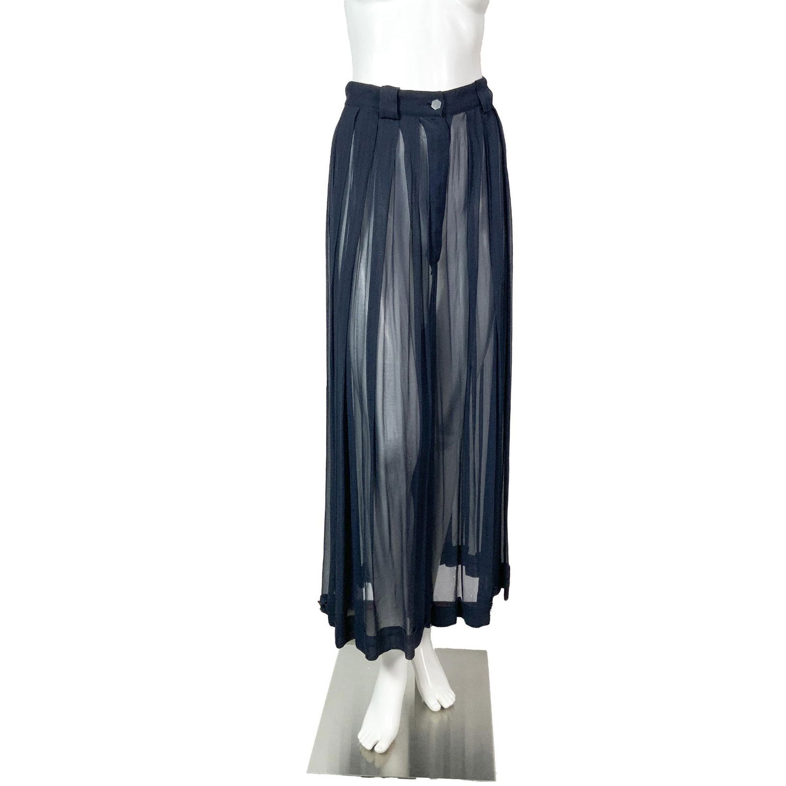 Original Chantal Thomas Paris Sheer Black Pleated Wide Pants: Original vintage Chantal Thomas Paris sheer black long pleated wide leg pants with front button and zipper closure. Includes belt holders at waist. Label Chantal Thomas Paris. Size 38/6. Pants waist: