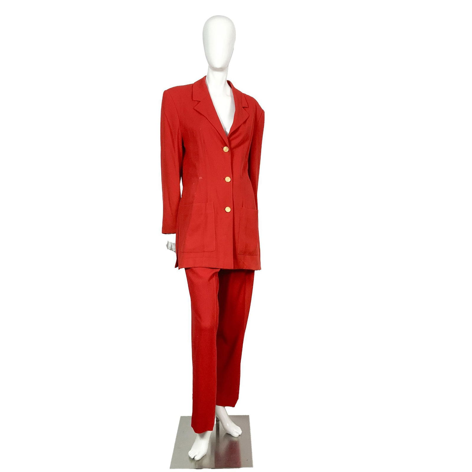 Original Escada Margaretha Ley Scarlet Red Wool Pants Suit: Original Escada Margaretha Ley scarlet red wool pants suit. The jacket features a notched collar, three large gold color Escada buttons, two front pockets, and an attached faux belt on the back of the