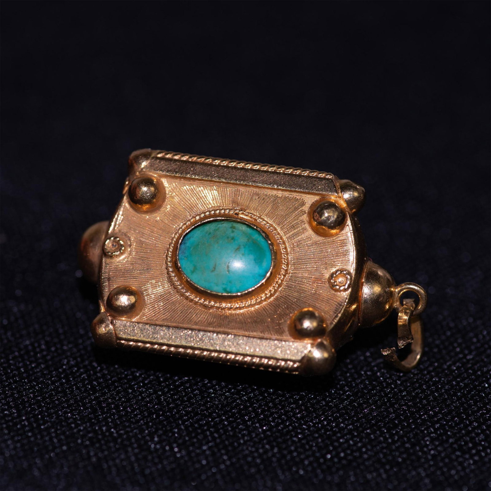 18K Yellow Gold and Turquoise Lantern Shape Pendant: Beautiful unusual triangle profile designed pendant in 18K gold with turquoise accents. Weight 11.76 grams. Measures approx. 1.25"H x 0.75"W. Dimensions: See Description