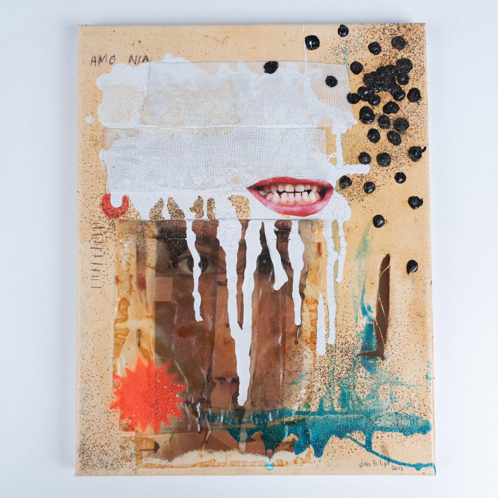 Dino Felipe, Original Mixed Media on Canvas, Signed: Original mixed media collage by Miami-based recording artist Dino Felipe who works with a variety of media and creates most of his own album covers. Entitled Amo Nia, Felipe combines photo clips with 