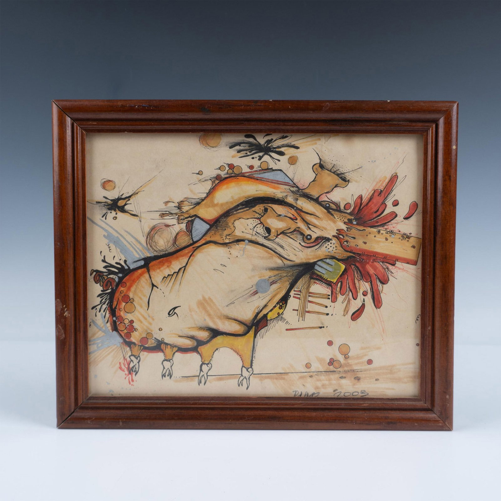 Dino Felipe, Original Ink and Marker on Paper, Signed: Original Surrealist ink and color markers drawing on paper depicting a deformed head with teeth hanging along the side and a ruler pushed through the face. Made by Miami-based recording artist Dino Fe