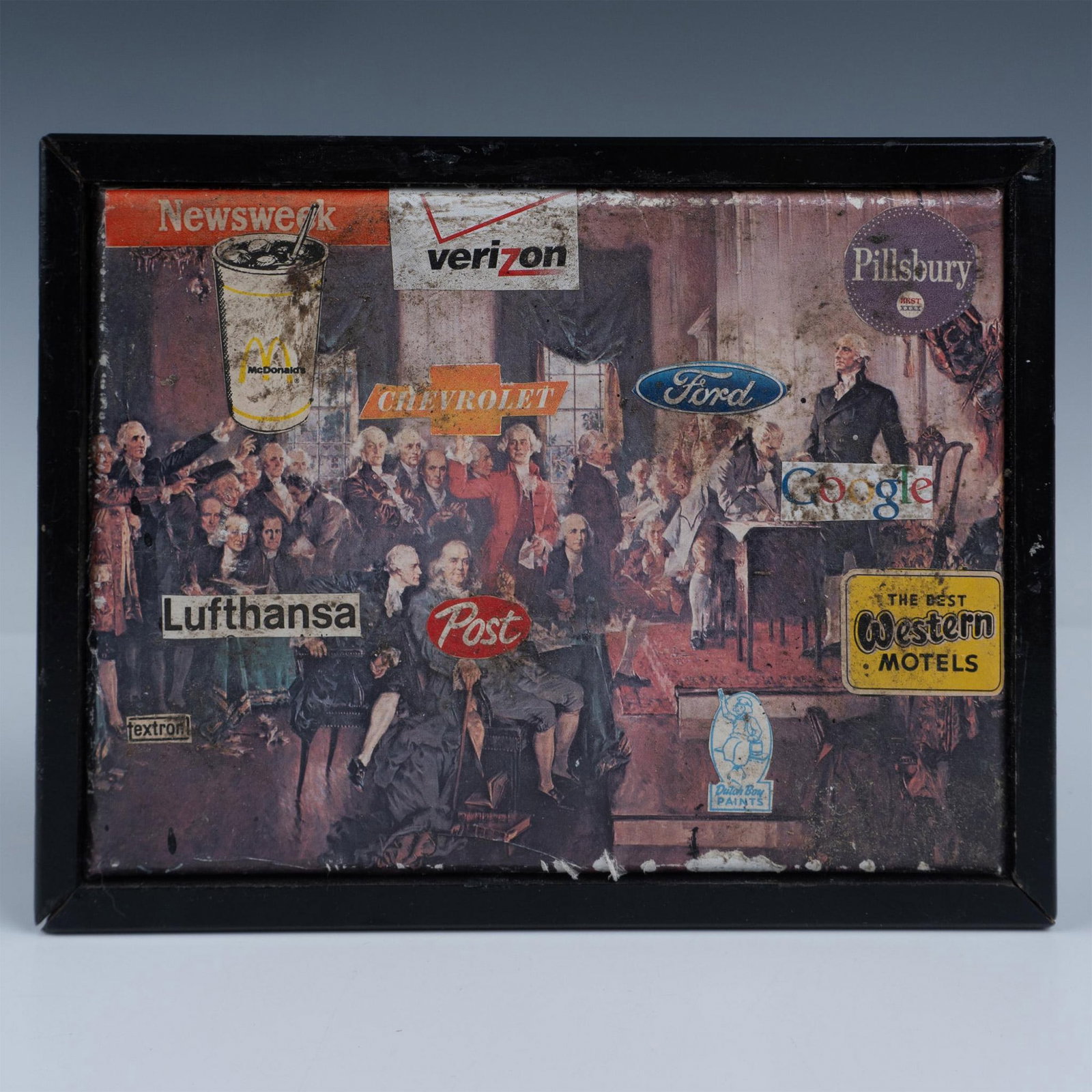 Greg Haberny, Post-Contemporary Mixed Media on Canvas Signed: Original mixed media artwork on canvas by Post-Contemporary artist and filmmaker Greg Haberny who uses art to criticize socio-political American issues. Haberny uses a painting of the founding fathers