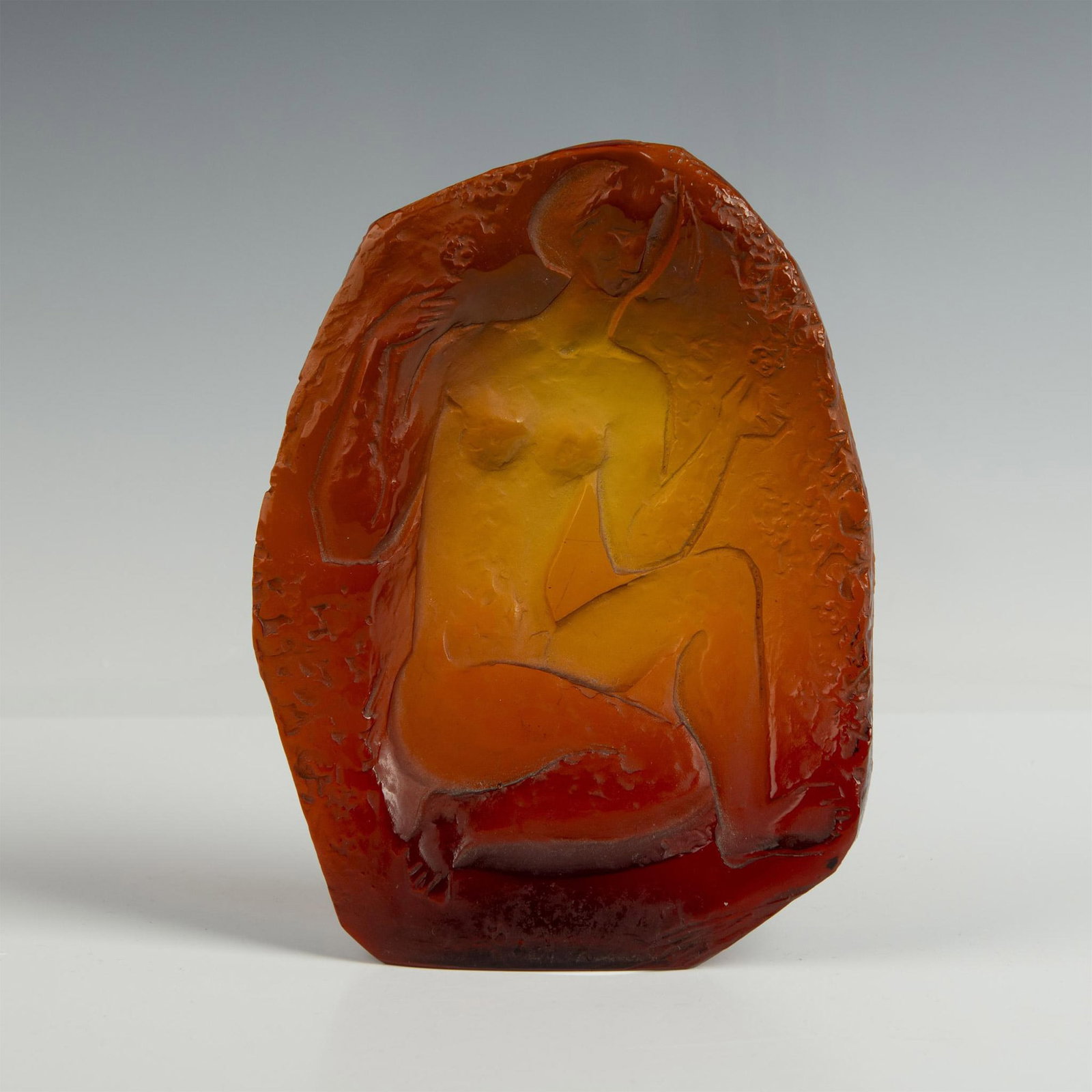 Jan Cerny, Nude Female Glass Sculpture, Signed: This exquisite amber glass piece features a nude female figure, molded and refined through cutting and polishing. Artist's signature engraved at the bottom. Artist: Jan Cerny (Czech, 1907-1978) Issued