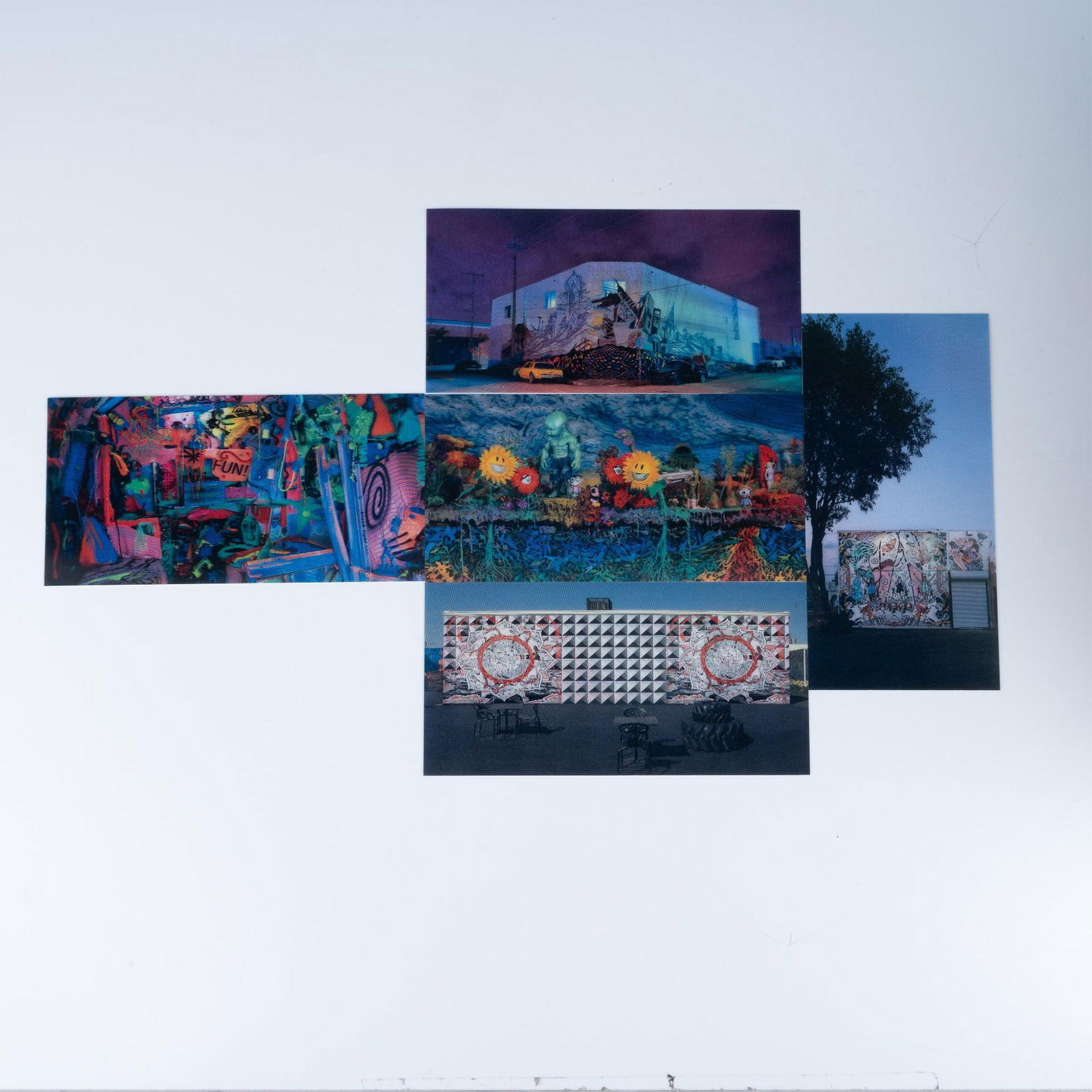 5pc Wynwood Walls Artists 3D Photography Postcards: Five-piece set of 3-dimensional and lenticular postcards featuring photographs of Mural Artworks by Kenny Scharf; Ron English; Swoon and Aiko, commissioned for the Wynwood Walls during Art Basel 2013.