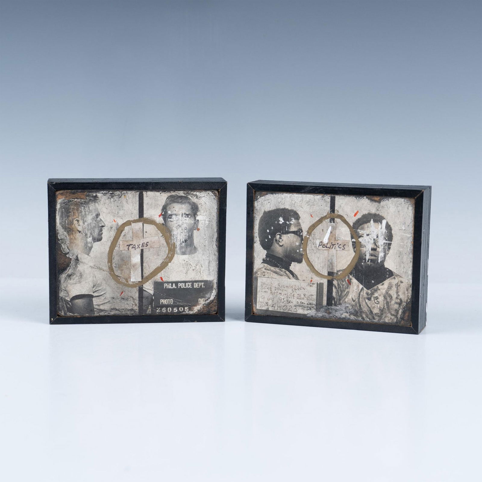 Greg Haberny, Set of 2 Mixed Media Collages on Wood, Signed: Original set of two mixed media collages on wood on wood by Post-Contemporary artist and filmmaker Greg Haberny. He uses art to criticize socio-political American issues such as the black and white mu