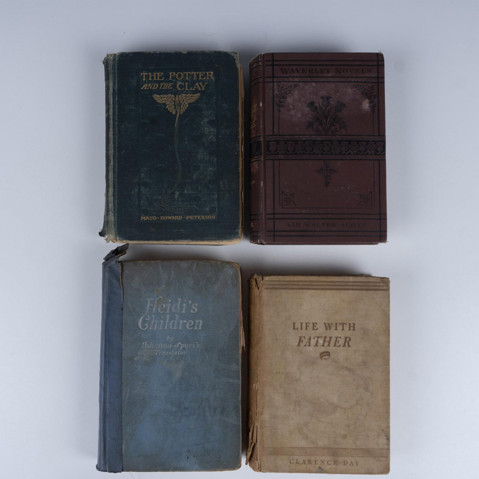4 Antique Children & Inspirational Fiction Hardcover Books including First Editions: Titles include: The Waverly Novels by Sir Walter Scott (1885), Life with Father by Clarence Day (1935) First edition; Heidis Children by Charles Tritten (1939) First edition; and The Potter and The Cl
