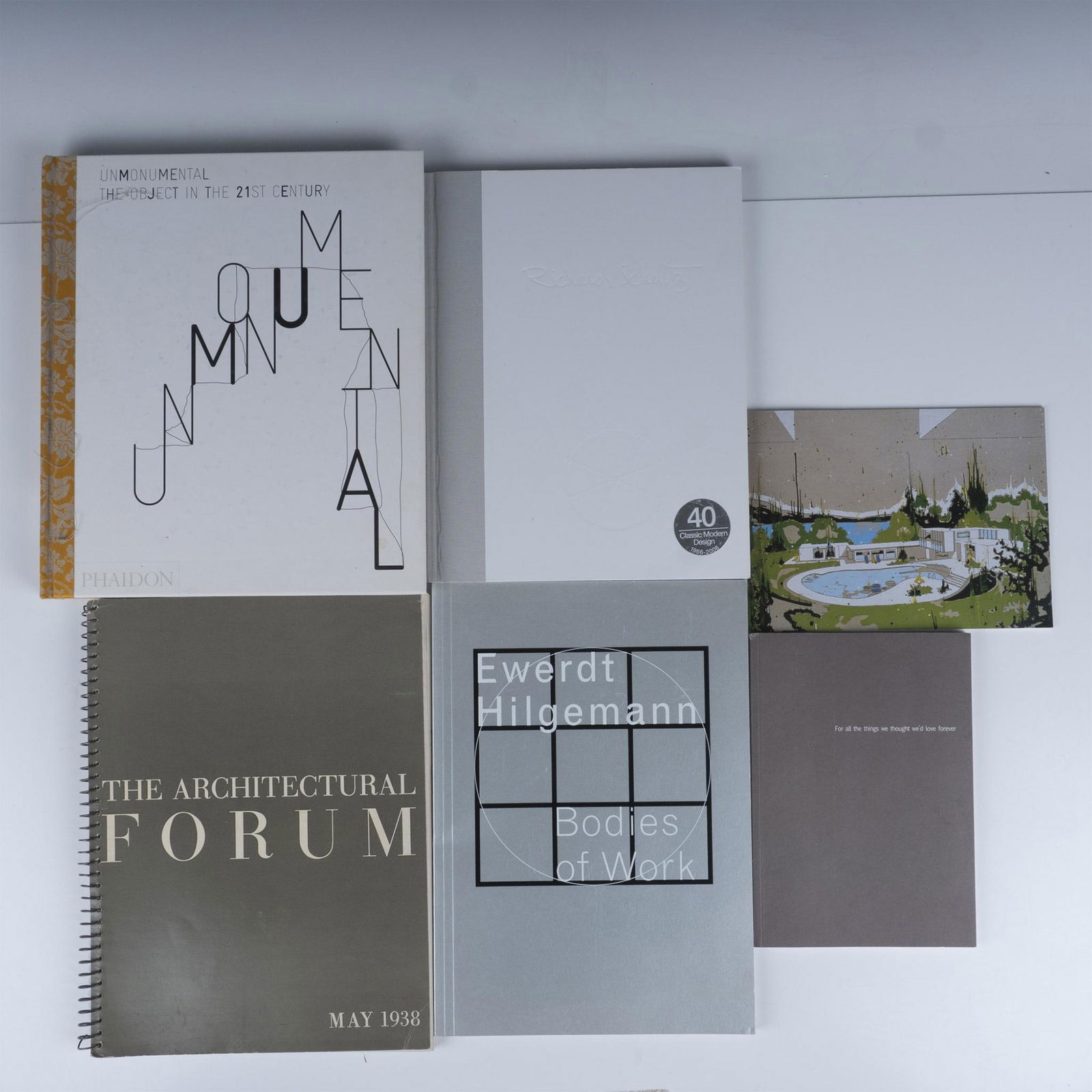 Set of 6 Art & Architecture Books and Catalogs: Titles include: Unmonumental: The Object of the 21st Century by the New Bowery Museum of New York (2007); Classic Modern Furniture by Richard Schultz (2003); Guido Bagini The Liquid Horizon (2006); Fo