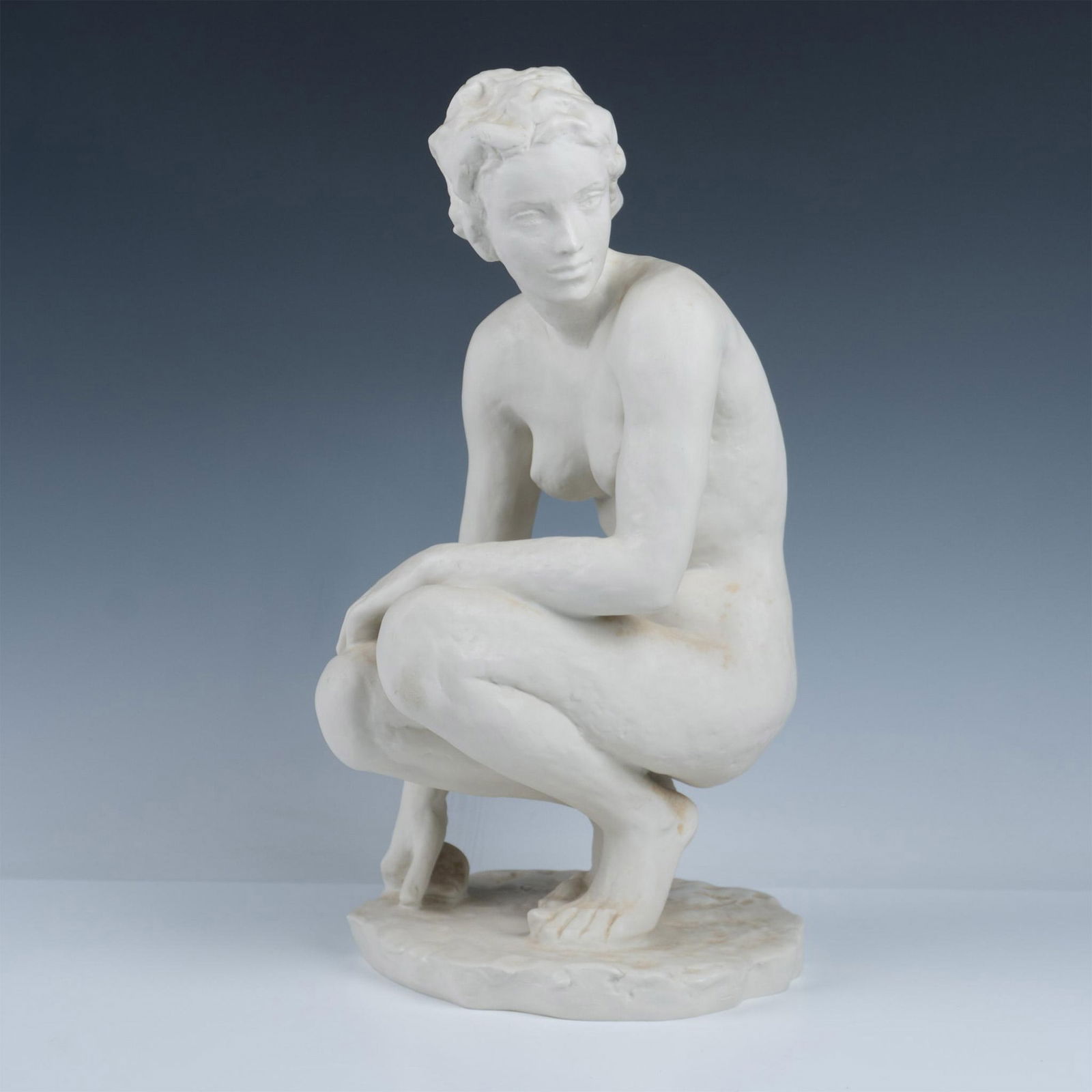 Fritz Klimsch for Rosenthal Bisque Sculpture: The Crouching Woman is a spectacular figure of a nude woman. Engraved signature by artist on base. Rosenthal backstamp. Artist: Fritz Klimsch (German, 1870 - 1960) Issued: 20th century Dimensions: 8.2