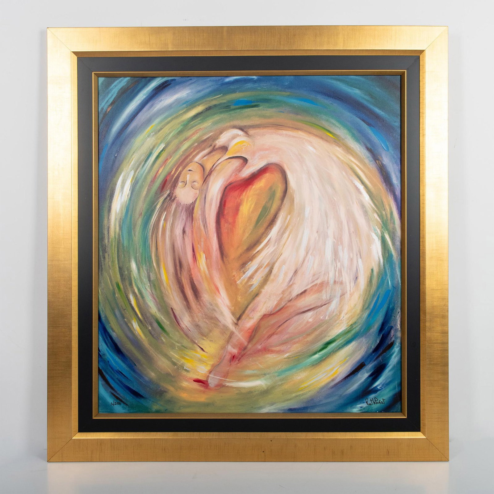 Ruth Porat, Original Color Giclee on Canvas, Signed: Large original color giclee on canvas after Israeli artist Ruth Porat's original oil on canvas Woman in Circle from her Movement series. She depicts a woman swirling in a vortex of warm and cool color