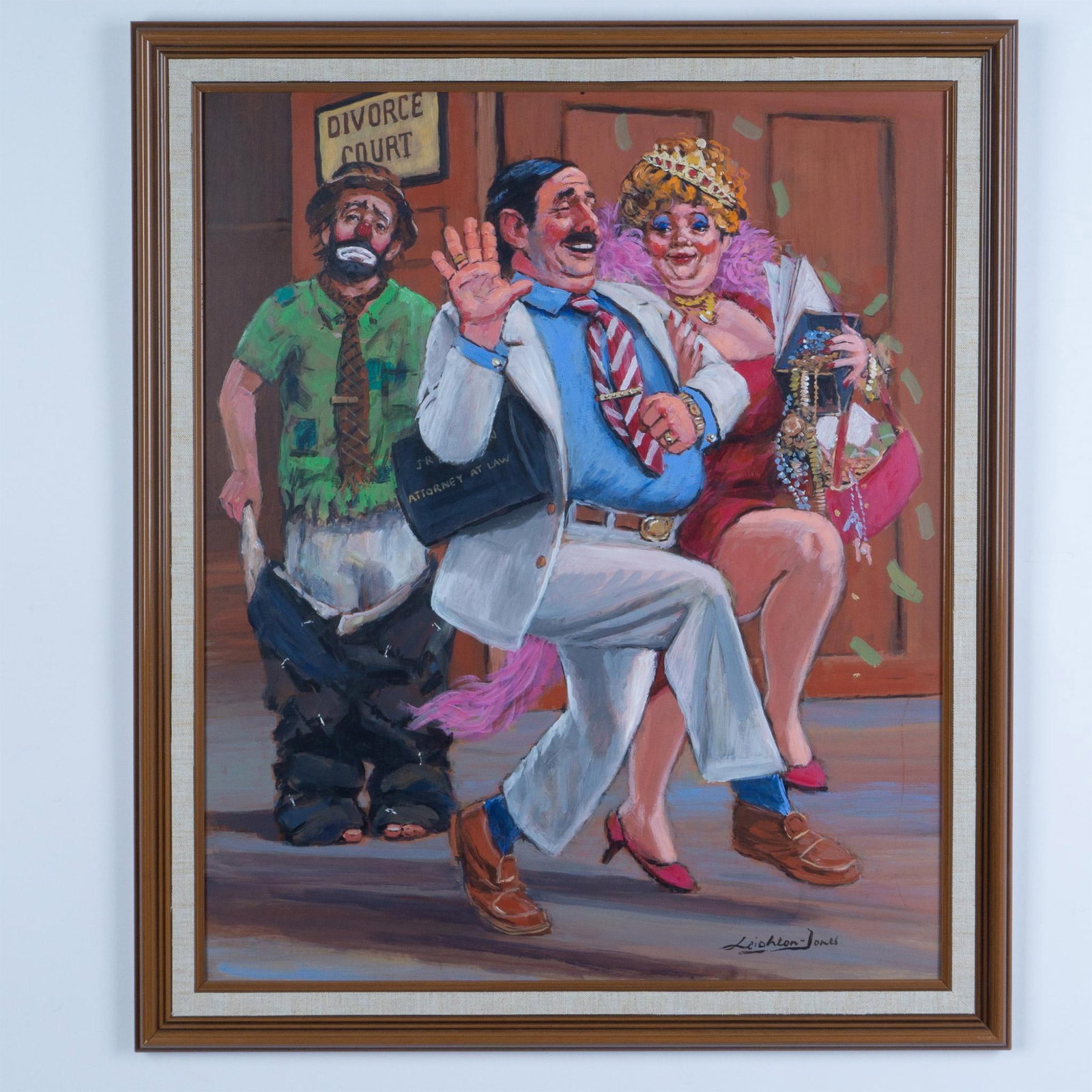 Barry Leighton-Jones, Original Oil on Board, Signed: Original oil and acrylic on board by British genre artist Barry Leighton-Jones depicting a satirical Divorce Court scene where a clown has been fleeced by his wife and her lawyer. Signature on lower r