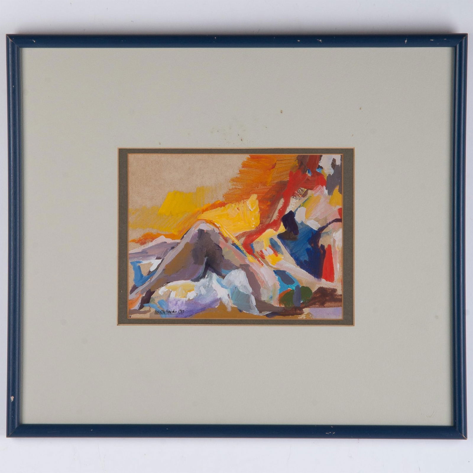 Martha Hayden, Original Gouache on Laid Paper, Signed: One-of-a-kind gouache on heavy paper of a Reclining Female by American artist Martha Hayden. She applies thick fields of warm hues against cool colors resulting in a tension between Abstraction and Re