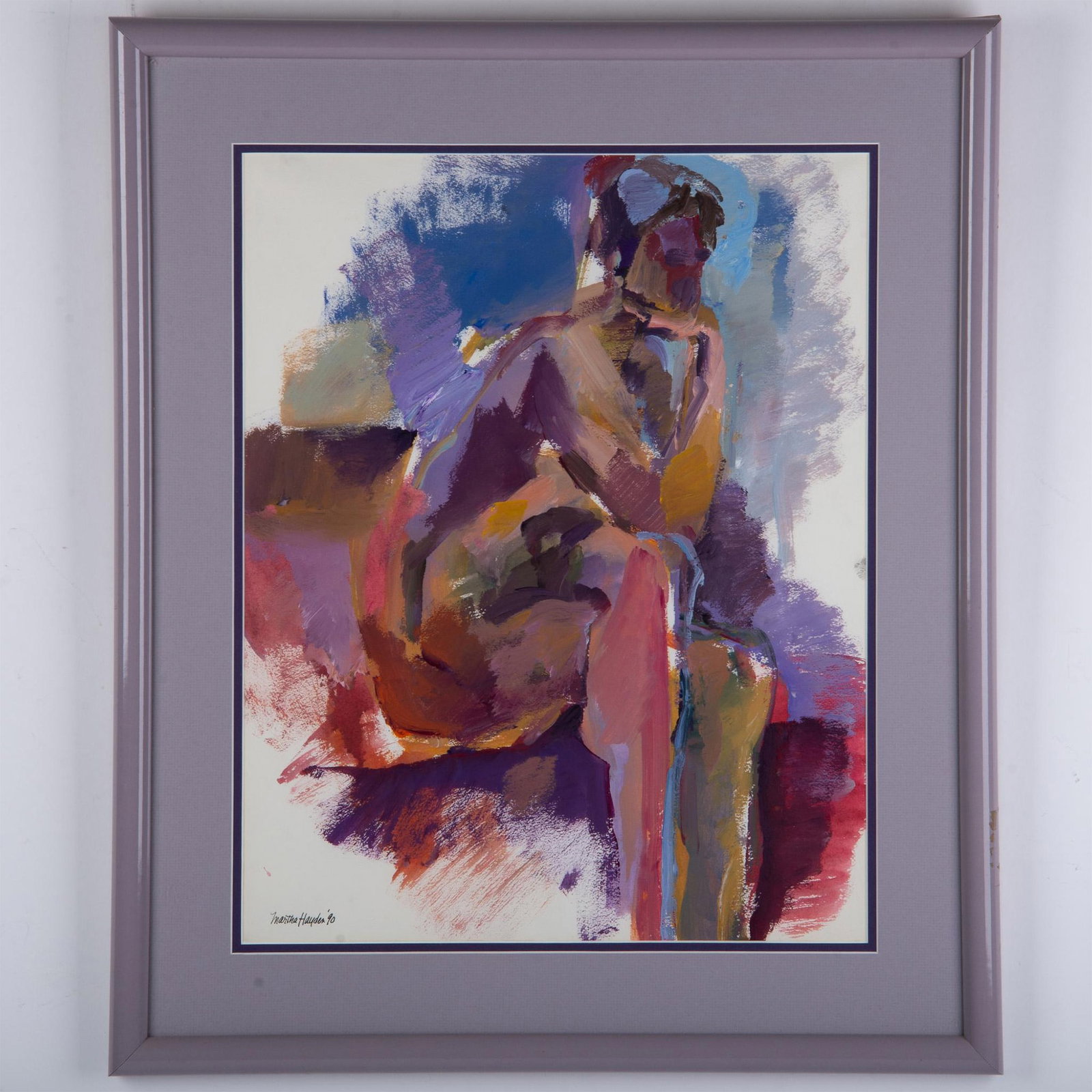 Martha Hayden, Original Gouache on Paper, Nude, Signed: One-of-a-kind gouache on heavy paper of a Seated Nude in an Interior by American artist Martha Hayden. She applies wide fields of complimentary colors resulting in an alliance between Abstraction and 