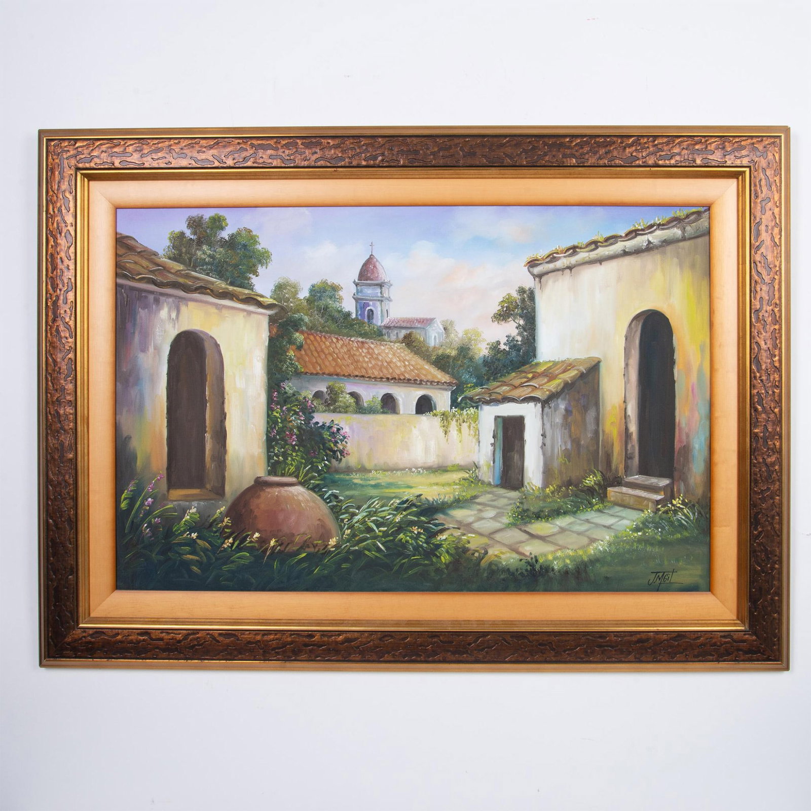 J.M. Gil Signed Painting, Cuban Village: A beautiful large canvas acrylic painting that captures a garden view with buildings and a distant church, all set against a sky with lovely hues of sunset. Artists signature in the lower right side. 