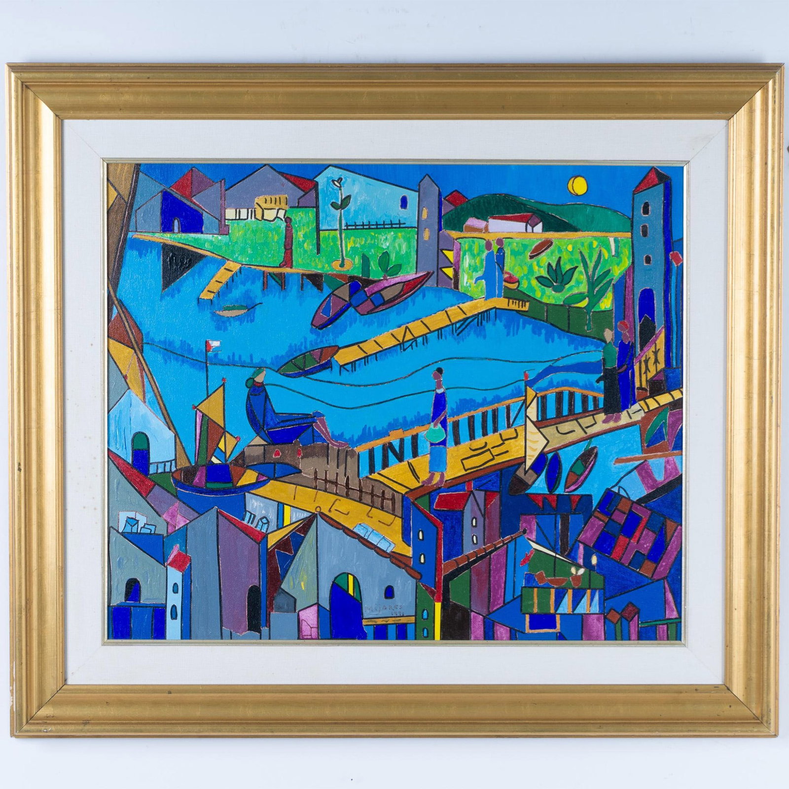 Jose Maria Mijares (Cuban, 1921 - 2004) Signed Oil Painting: An outstandingly vibrant oil on canvas painting featuring bold lines and geometric shapes depicts a scene of a Cuban village by the water. Jose Maria Mijares was a contemporary Cuban visual artist kno